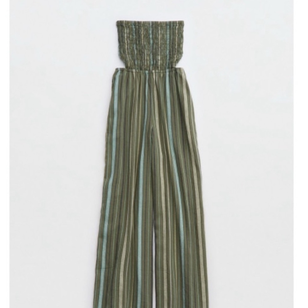 Aerie Pool to Party Strapless Smocked Striped Wide Leg Jumpsuit
